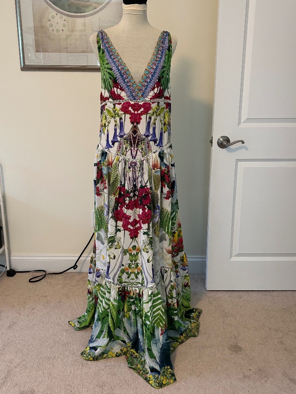 Camilla Tiered Gathered Dress in Exotic Hypnotic silk tropical floral crystal - Picture 3 of 15